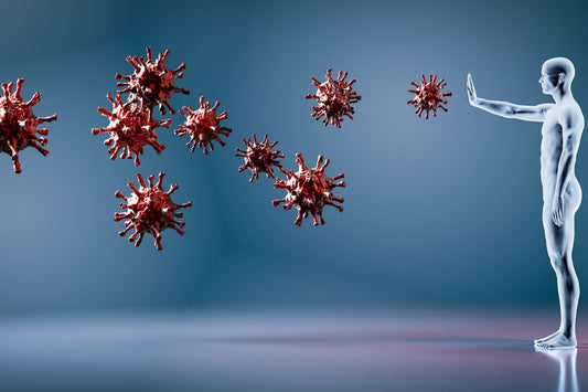 graphic of a human being in grey and white, defending red big bacteria to represent the immune system defences