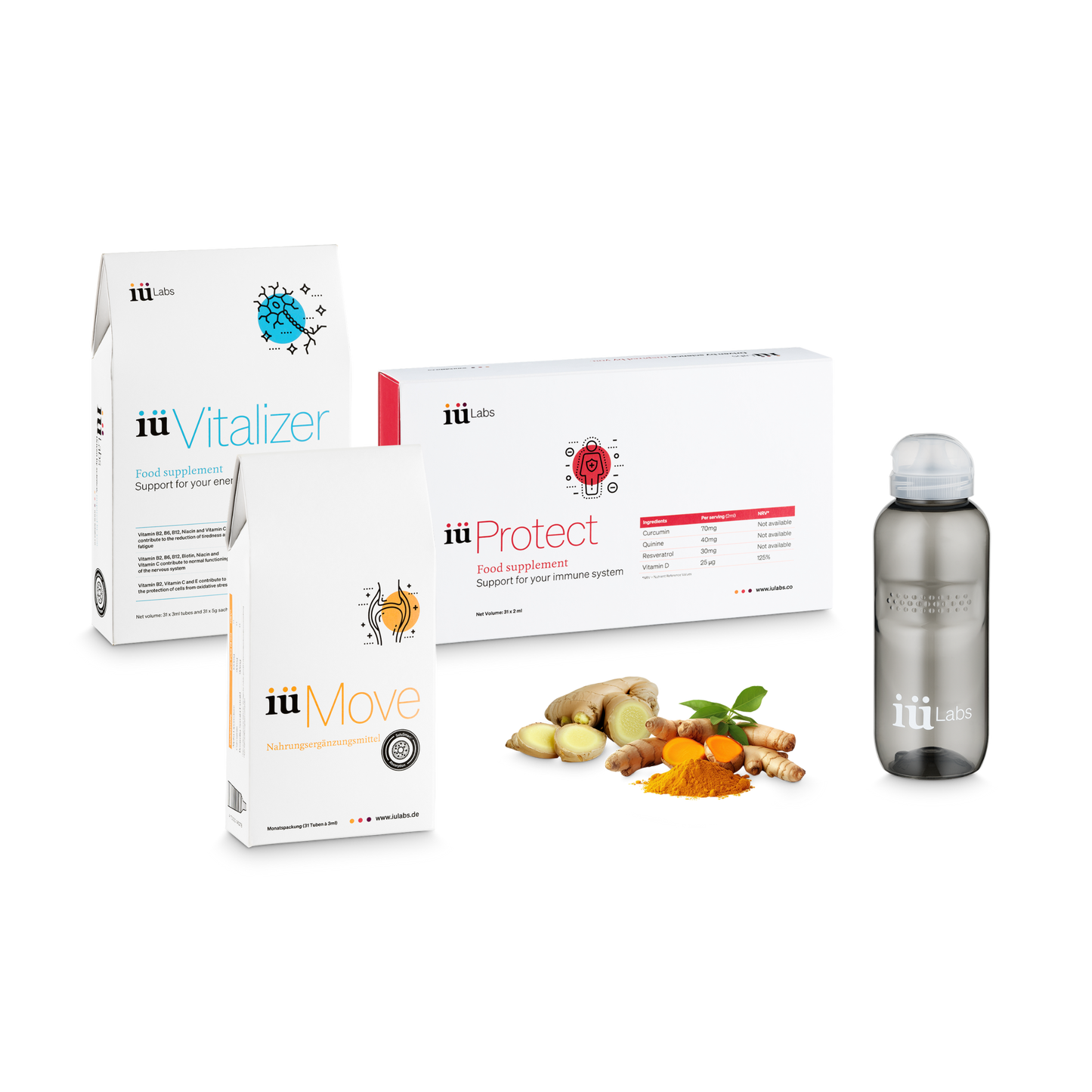 iüLabs supplement drinks with iüLabs water bottle, energy supplement iüVitalizer, immune support iüProtect, joint health iüMove