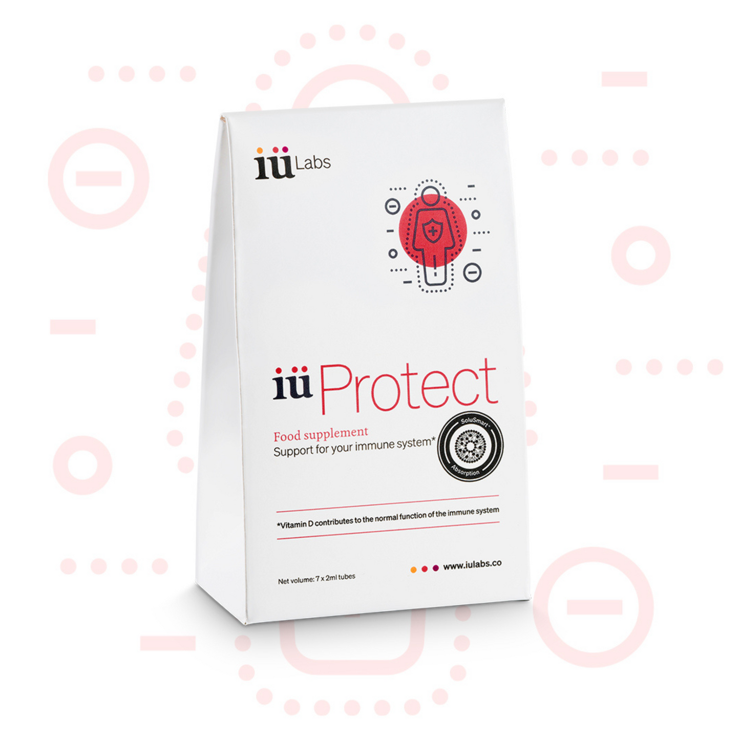 7-day trial pack of iüProtect from iüLabs, immune health support supplement, tubes and package, iuProtect, iuLabs, with pattern background