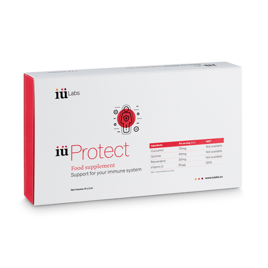 Closed box of one month pack of iüProtect from iüLabs, immune health support supplement, tubes and package, red and white box, iuLabs, iuProtect