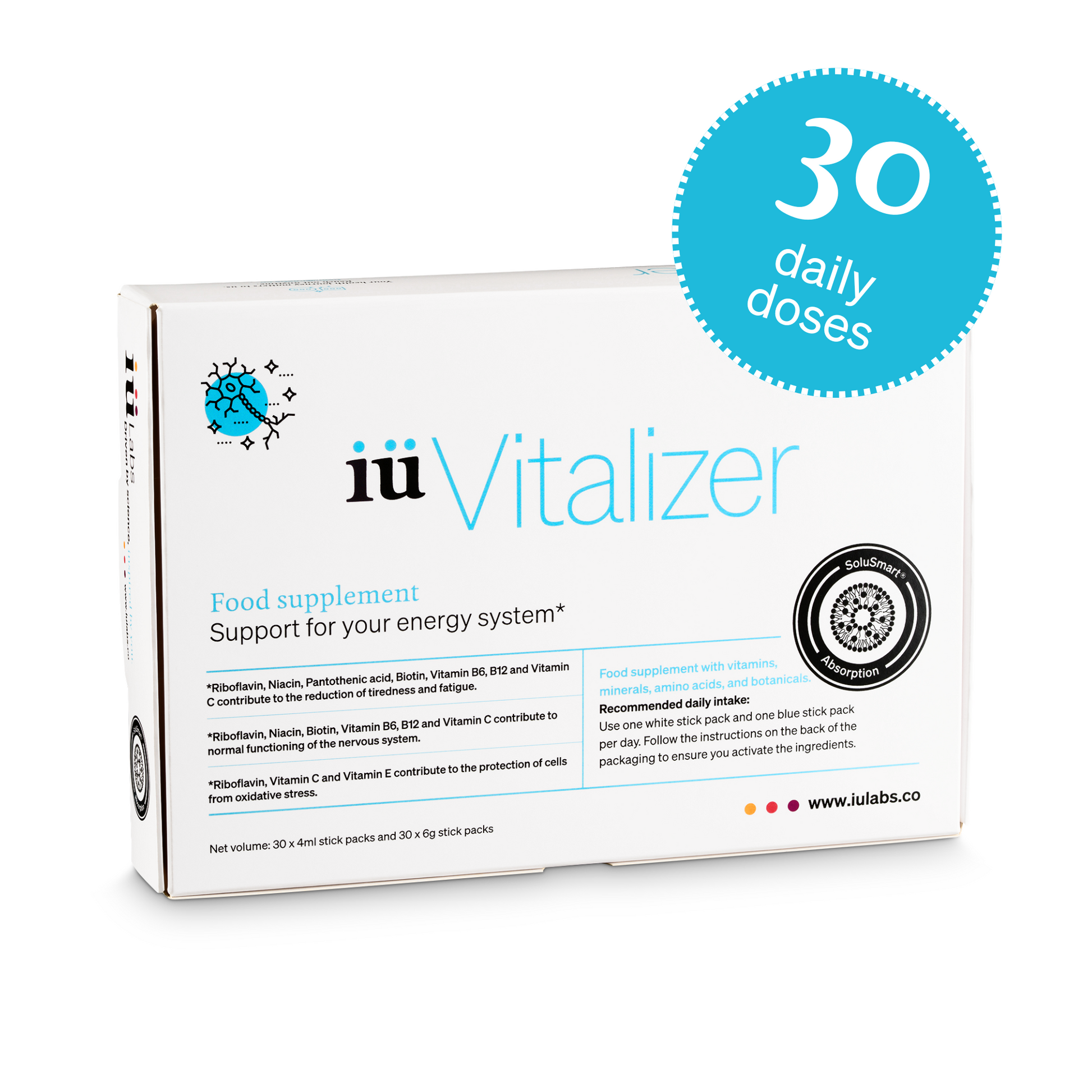 One month pack of iüVitalizer from iüLabs, energy boost supplement, with ginger root, iuLabs, iuVitalizer, 30 daily doses, with blue badge