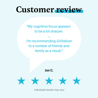  5 star customer review graphic for iüVitalizer from iüLabs, energy support supplement