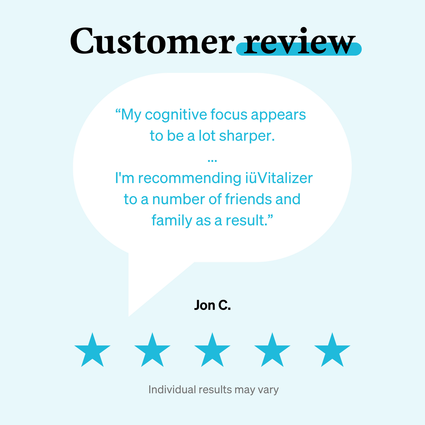 5 star customer review graphic for iüVitalizer from iüLabs, energy support supplement, iuLabs, iuVitalizer