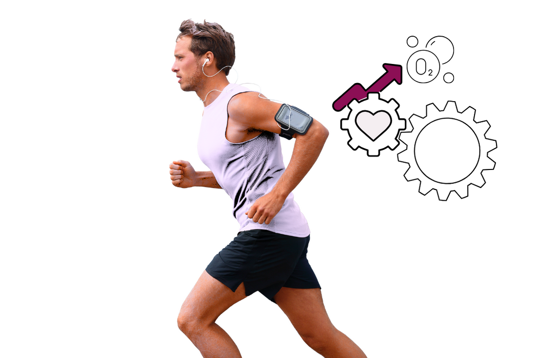 man running with light purple top, and graphics showing his oxygen and fitness