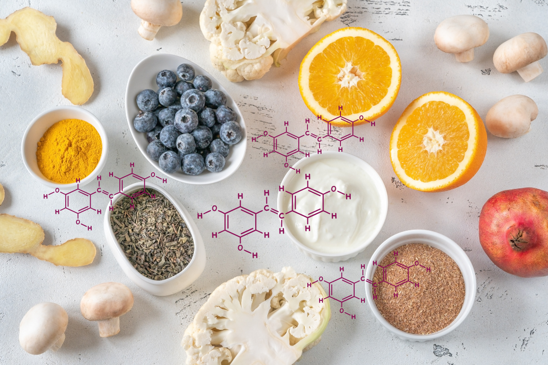 different types of polyphenol foods with a chemistry formula