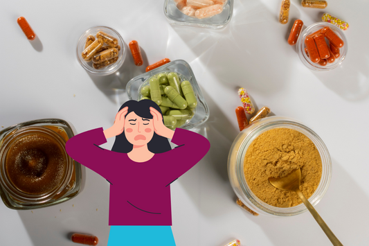 different types of supplements, powders, tablets and liquids, with a graphic cartoon of a confused and frustrated woman