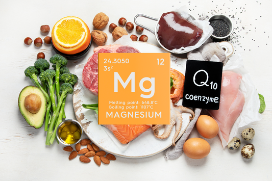 MG magnesium icon with Q10 coenzyme, and lots of different types of magnesium based foods