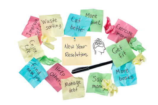 post it notes, new years resolutions, pink paper, blue paper, green paper, yellow paper, black pen