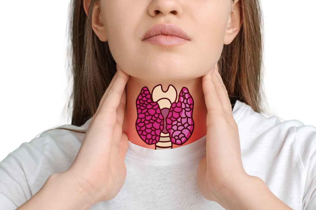 white woman with brown hair holding onto her neck with a purple graphic of the thyroid and a red rash, white t-shirt