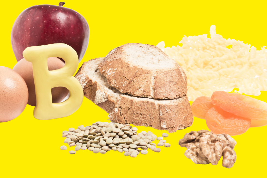 B vitamins, in bread, seeds, apricots and apples on a yellow background