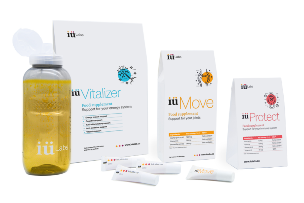 iüLabs supplement drinks and water bottle, iüMove joint health supplement, iüVitalizer energy boost supplement, iüProtect immune health supplement