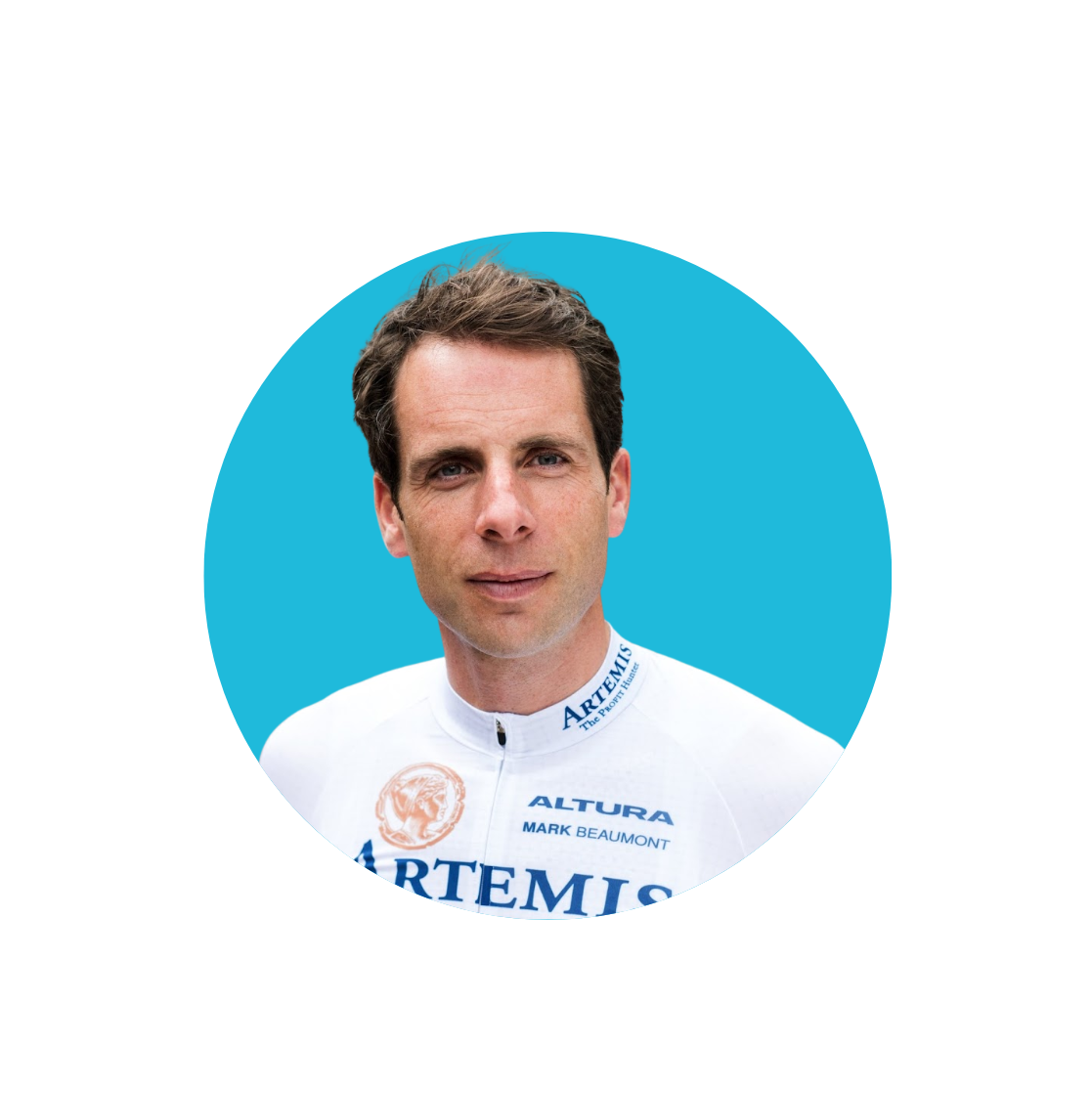 Mark Beaumont, world record holder cyclist, wearing white and blue cycling top and a blue background