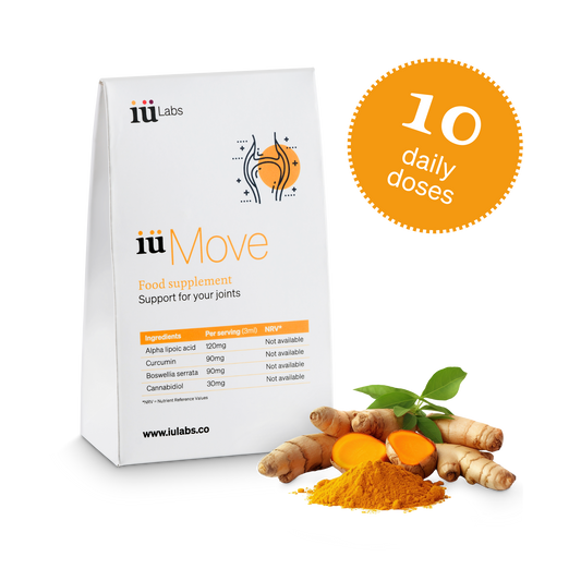 10 day trial pack of iüMove from iüLabs, joint health support supplement, tubes and package, with turmeric root and 10 daily doses badge in orange, iuMove, iuLabs