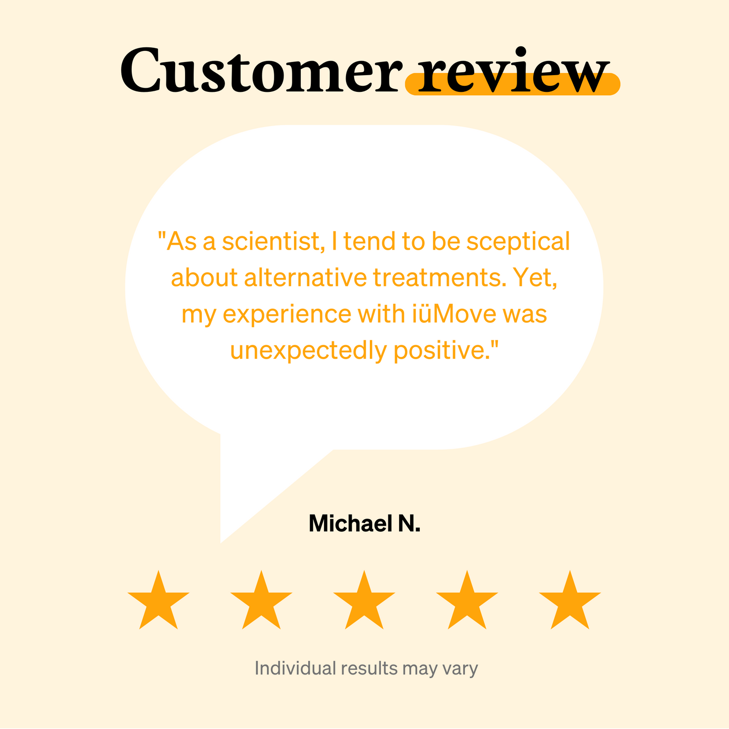 5 star customer review graphic for iüMove from iüLabs, joint health support supplement