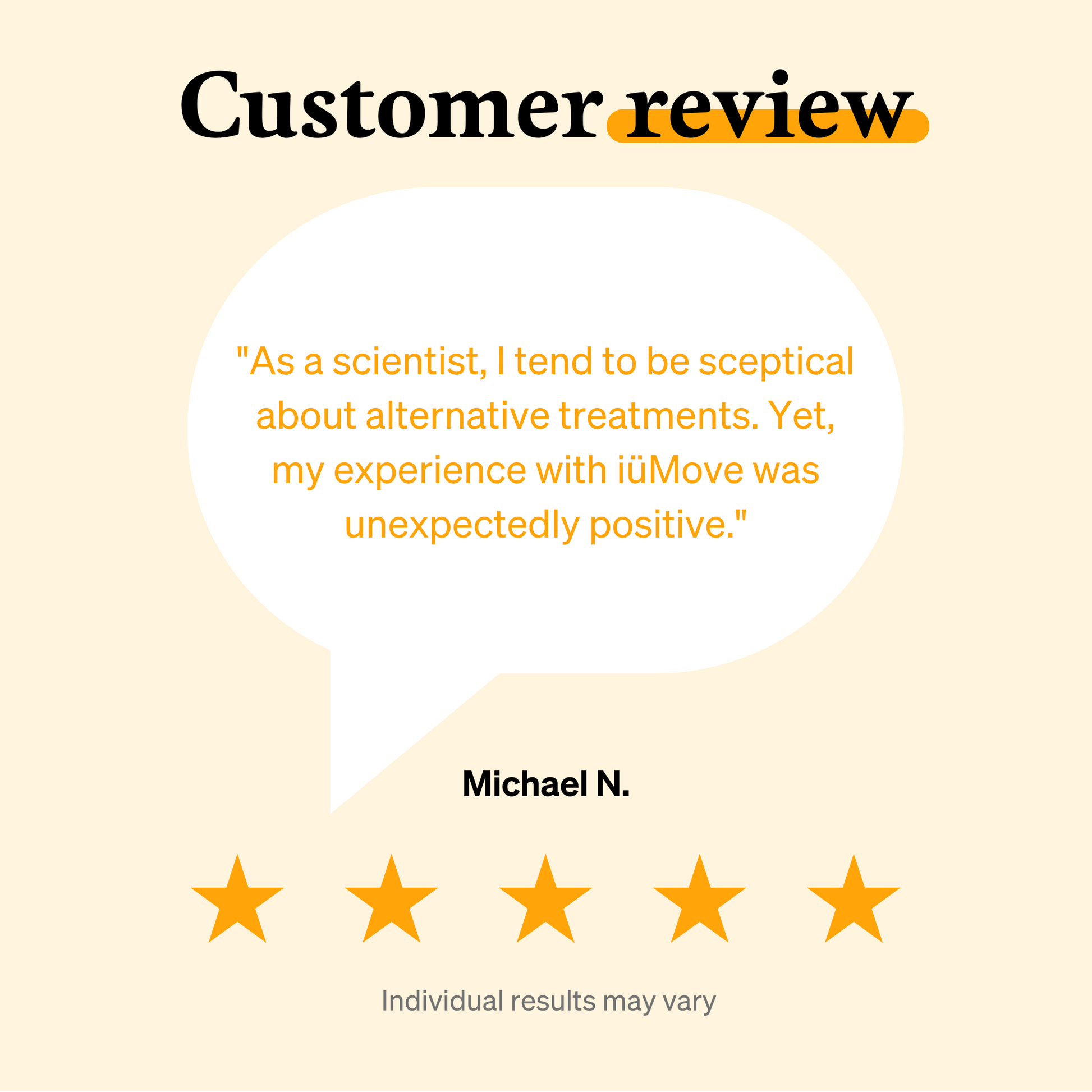 5 star customer review graphic for iüMove from iüLabs, joint health support supplement, iuMove, iuLabs