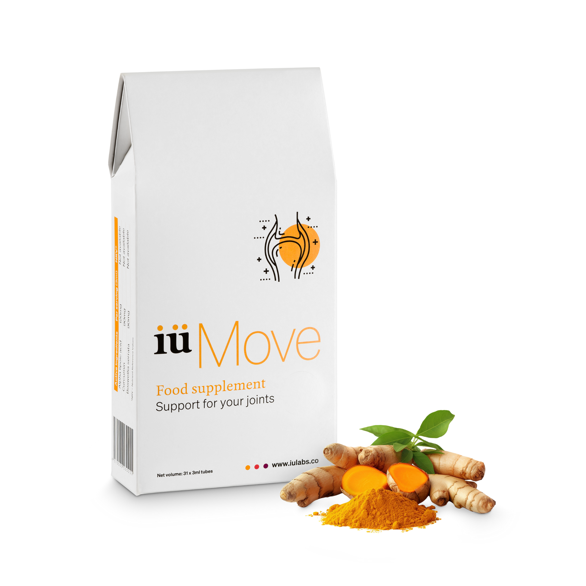 One month pack of iüMove from iüLabs, joint health support supplement, tubes and package, with turmeric root and 31 daily doses badge in orange, iuMove, iuLabs