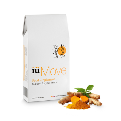 One month pack of iüMove from iüLabs, joint health support supplement, tubes and package, with turmeric root and 31 daily doses badge in orange, iuMove, iuLabs