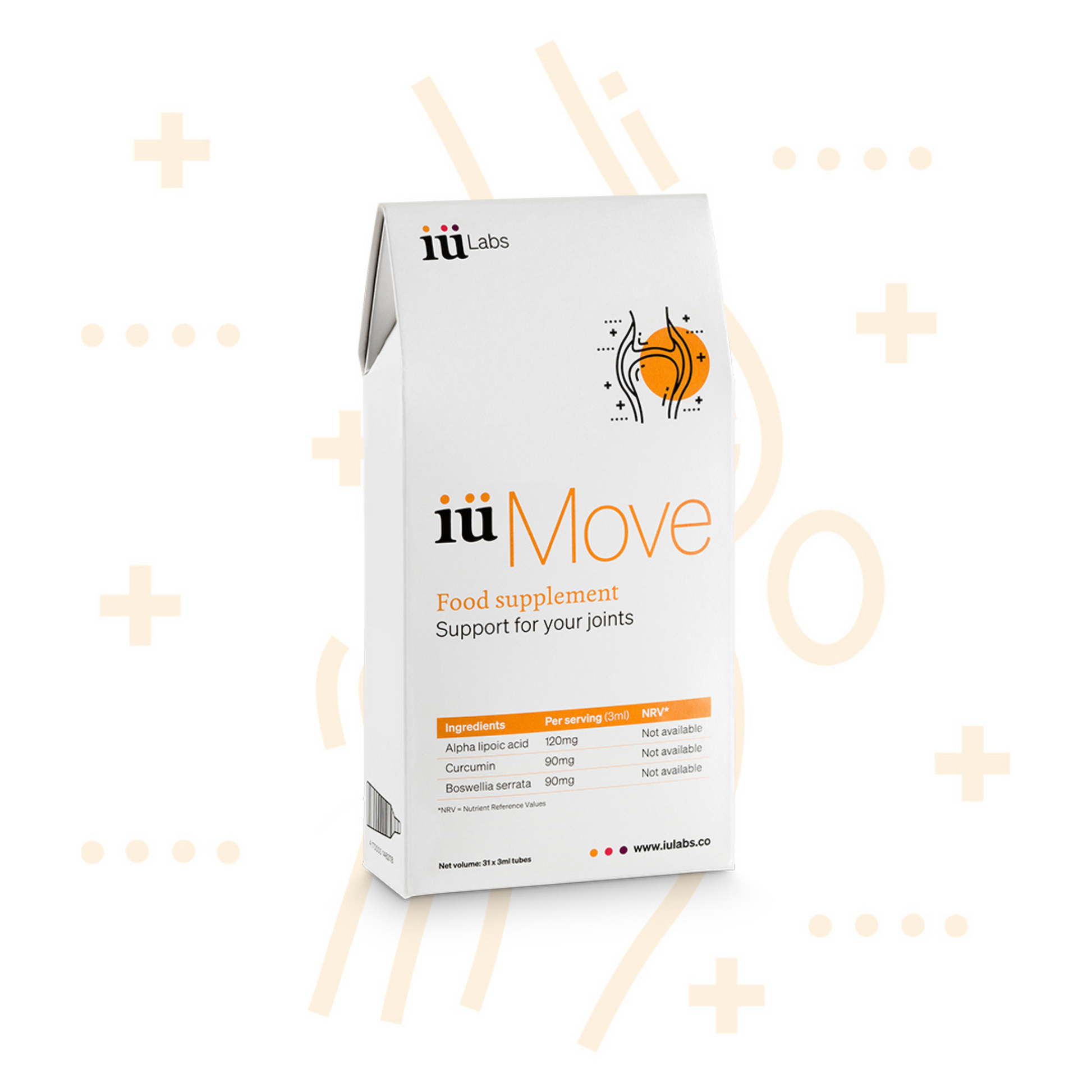 Trial pack of iüMove from iüLabs, joint health support supplement, iuMove, iuLabs, 10 day pack, with pattern background