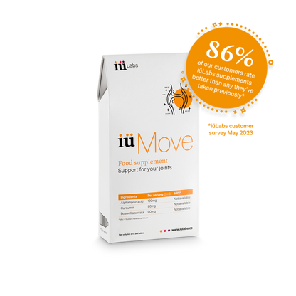 Trial pack of iüMove from iüLabs, joint health support supplement, iuMove, iuLabs, 10 day pack, with badge 86% of our customers rate iüLabs supplements better than any they've taken previously