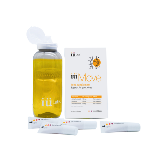 One month pack of iüMove from iüLabs, joint health support supplement, tubes and package, with orange liquid water bottle