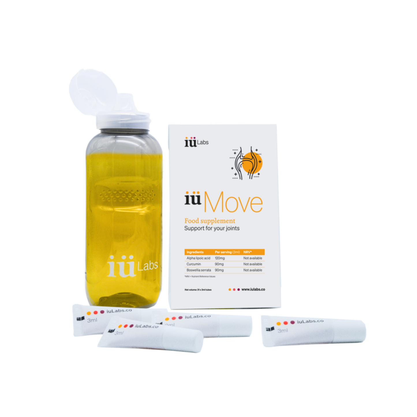 10 day trial pack of iüMove from iüLabs, joint health support supplement, tubes and package, with orange liquid water bottle
