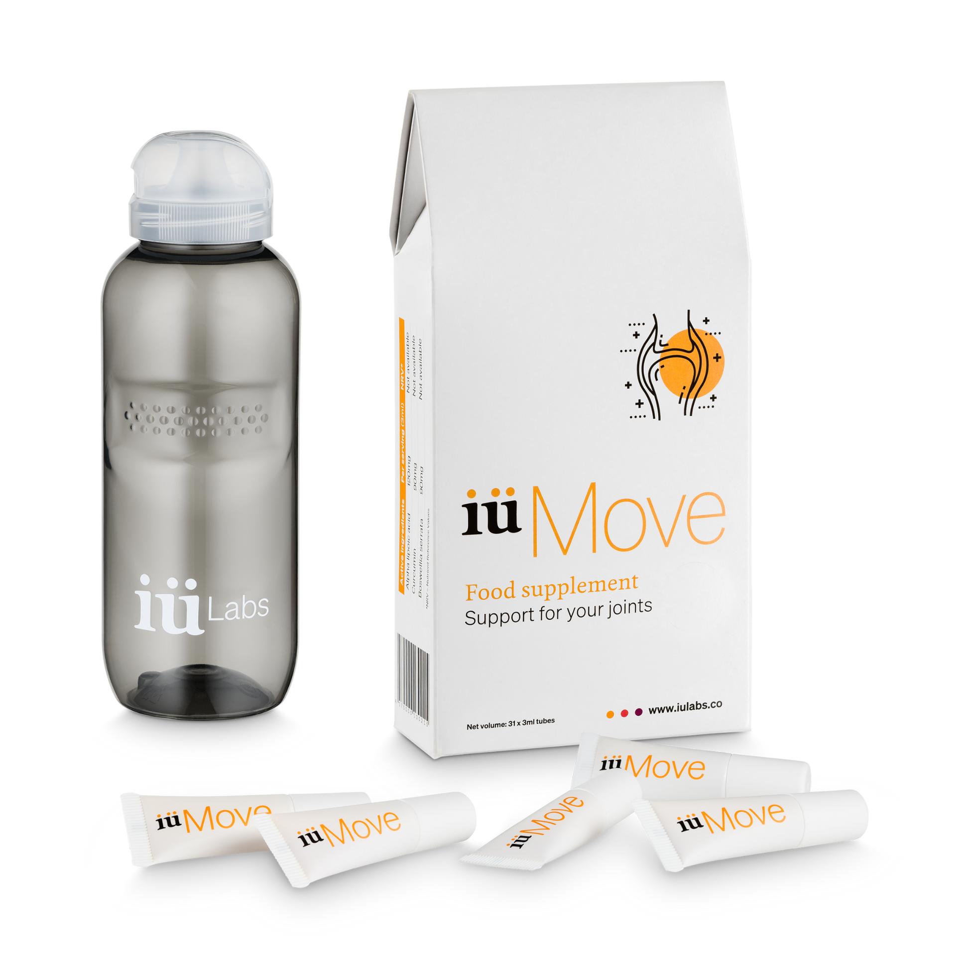 One month pack of iüMove joint health supplement from iüLabs, joint health support supplement, tubes and package, and water bottle, iuMove, iuLabs