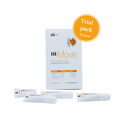 Trial 10 day pack of iüMove from iüLabs, joint health support supplement, tubes and package, with orange liquid water bottle