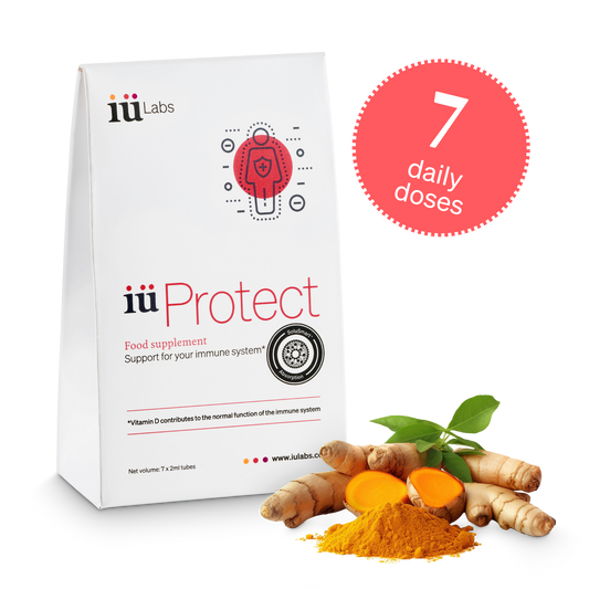 7 day trial pack of iüProtect from iüLabs, immune health support supplement, tubes and package, with turmeric, iuProtect, iuLabs