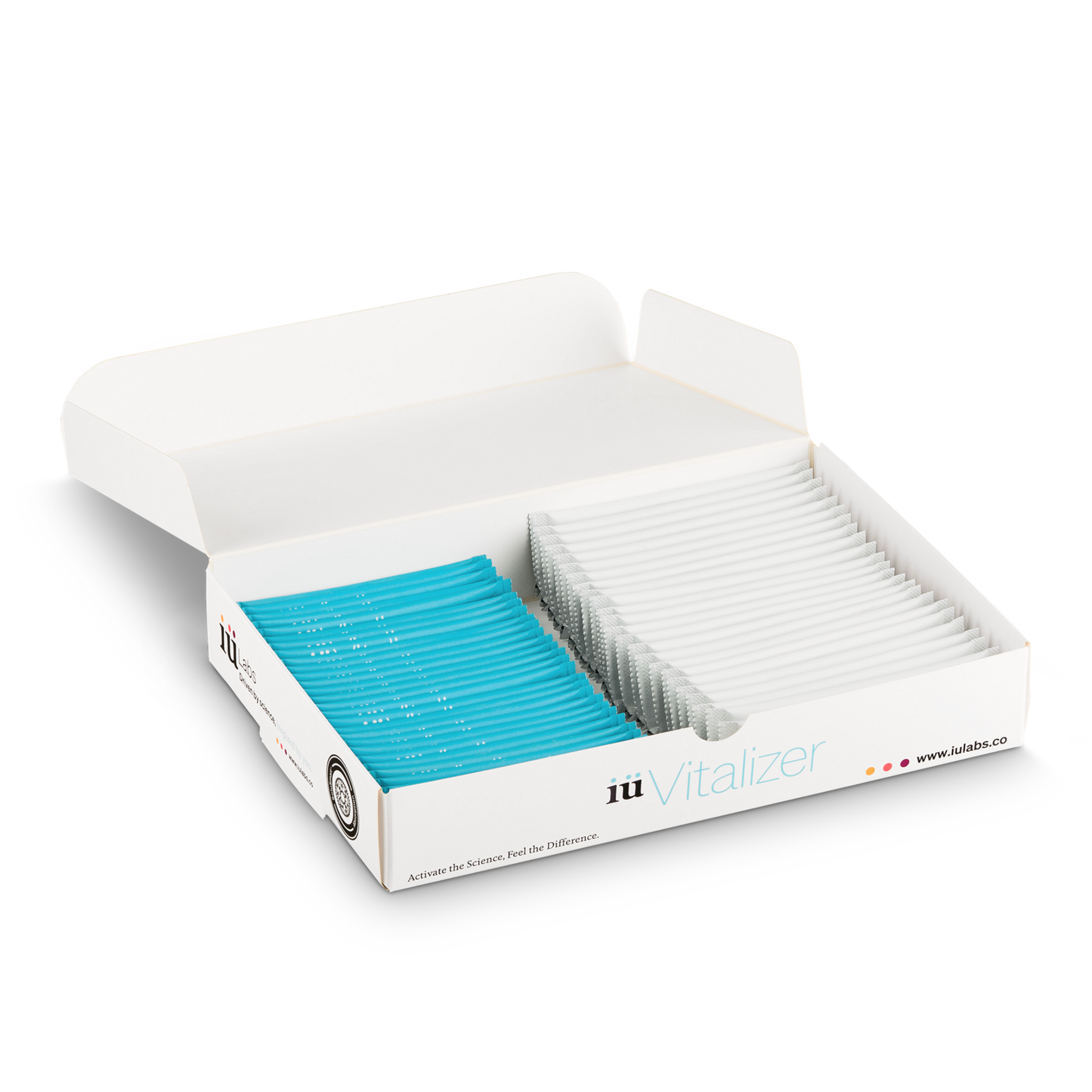 One month pack of iüVitalizer from iüLabs open with the stick packs inside, energy boost supplement, with ginger root, iuLabs, iuVitalizer, 30 daily doses