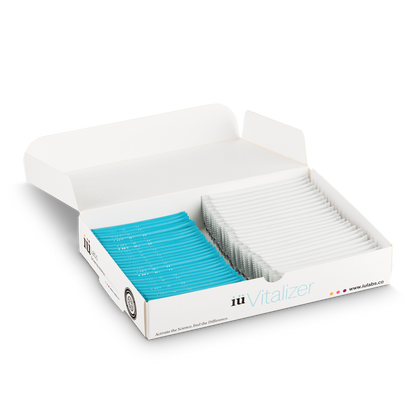 One month pack of iüVitalizer from iüLabs open with the stick packs inside, energy boost supplement, with ginger root, iuLabs, iuVitalizer, 30 daily doses