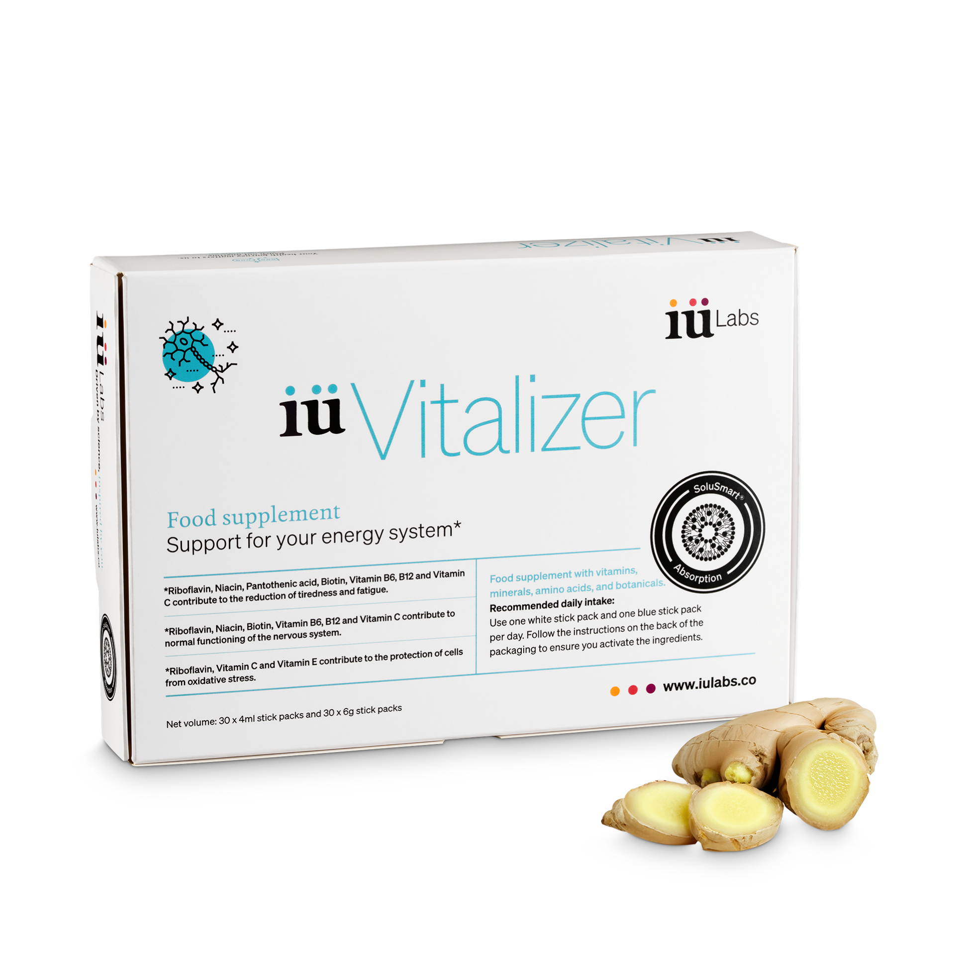 One month pack of iüVitalizer from iüLabs, energy boost supplement, with ginger root, iuLabs, iuVitalizer, 30 daily doses