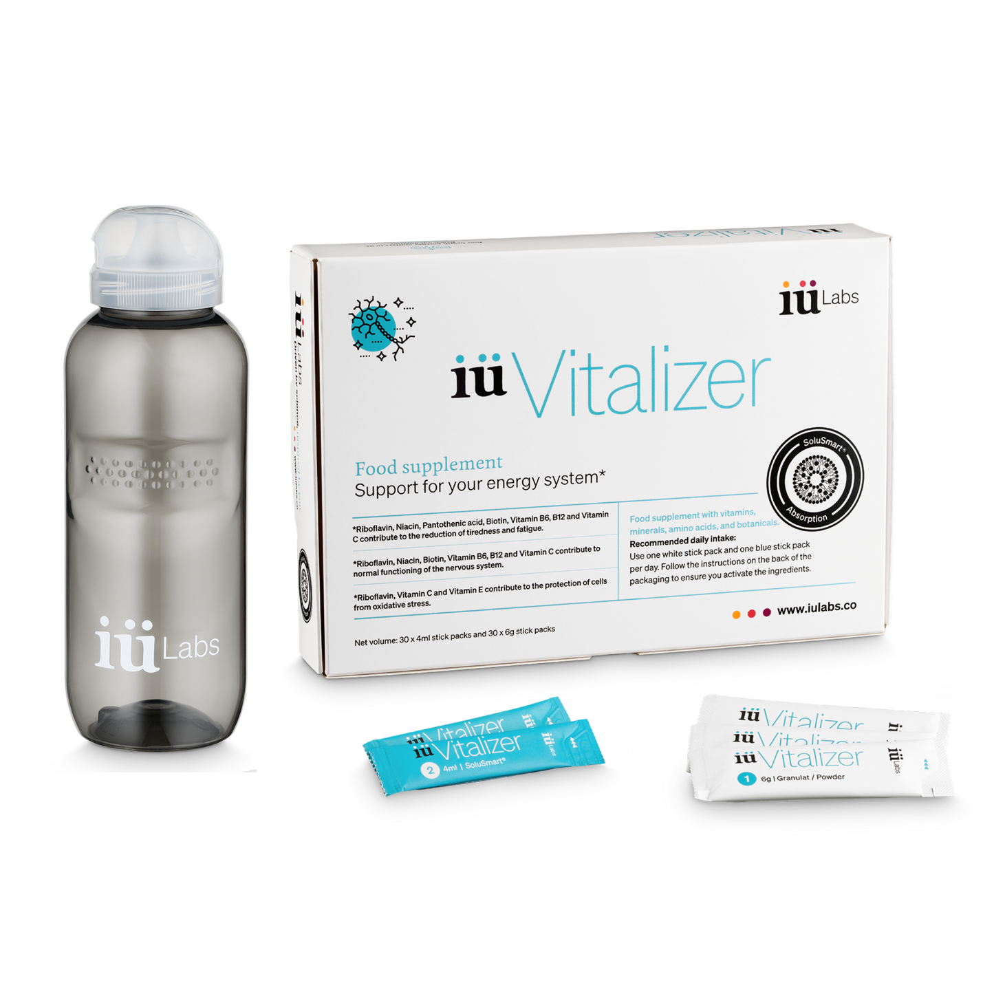 One month pack of iüVitalizer from iüLabs, energy boost supplement, with bottle, tubes, stick packs, box and sachets, iuLabs, iuVitalizer