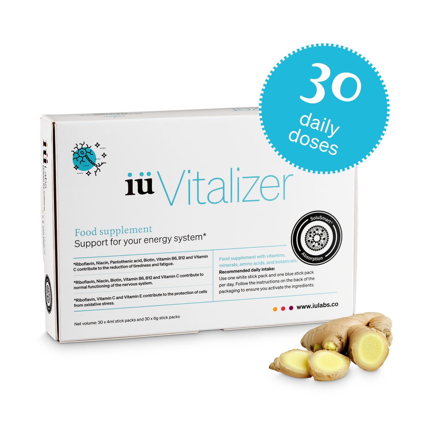 One month pack of iüVitalizer from iüLabs, energy boost supplement, 30 daily doses badge, with ginger root, iuLabs, iuVitalizer