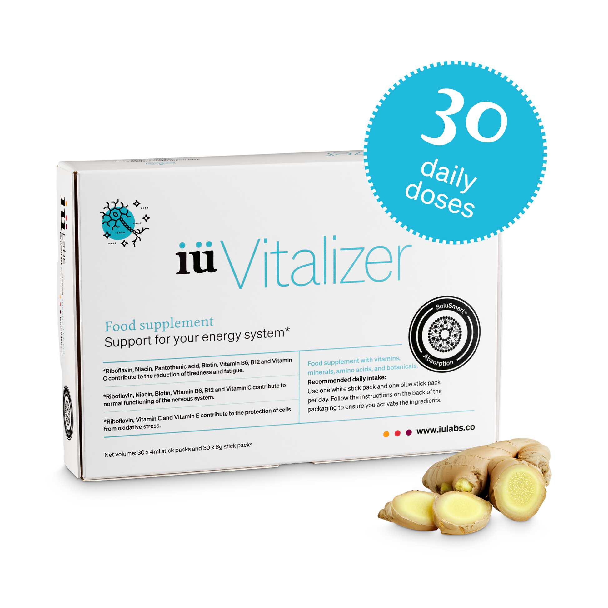 One month pack of iüVitalizer from iüLabs, energy boost supplement, 30 daily doses badge, with ginger root, iuLabs, iuVitalizer