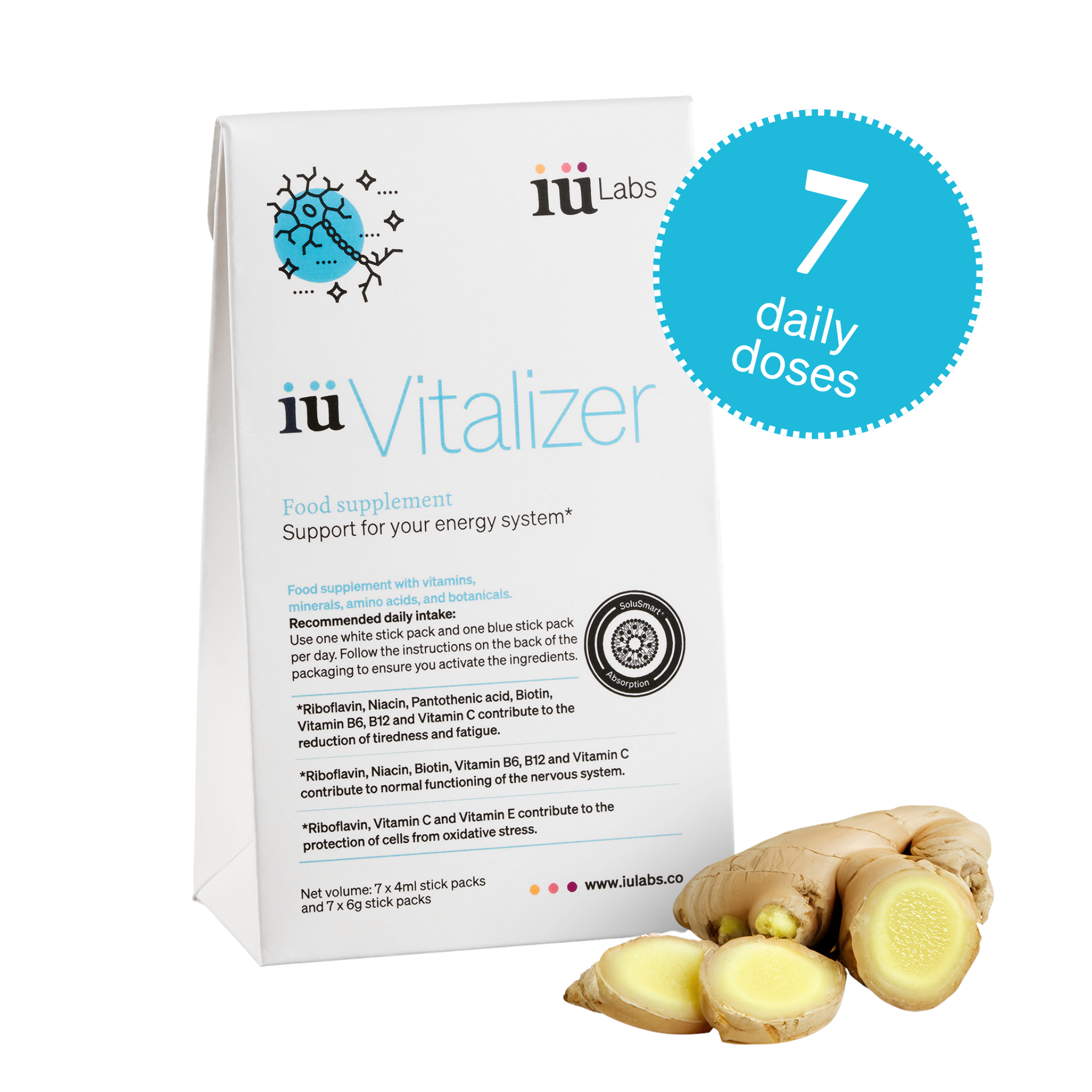 7 day trial pack of iüVitalizer from iüLabs, energy boost supplement, with ginger root, iuLabs, iuVitalizer