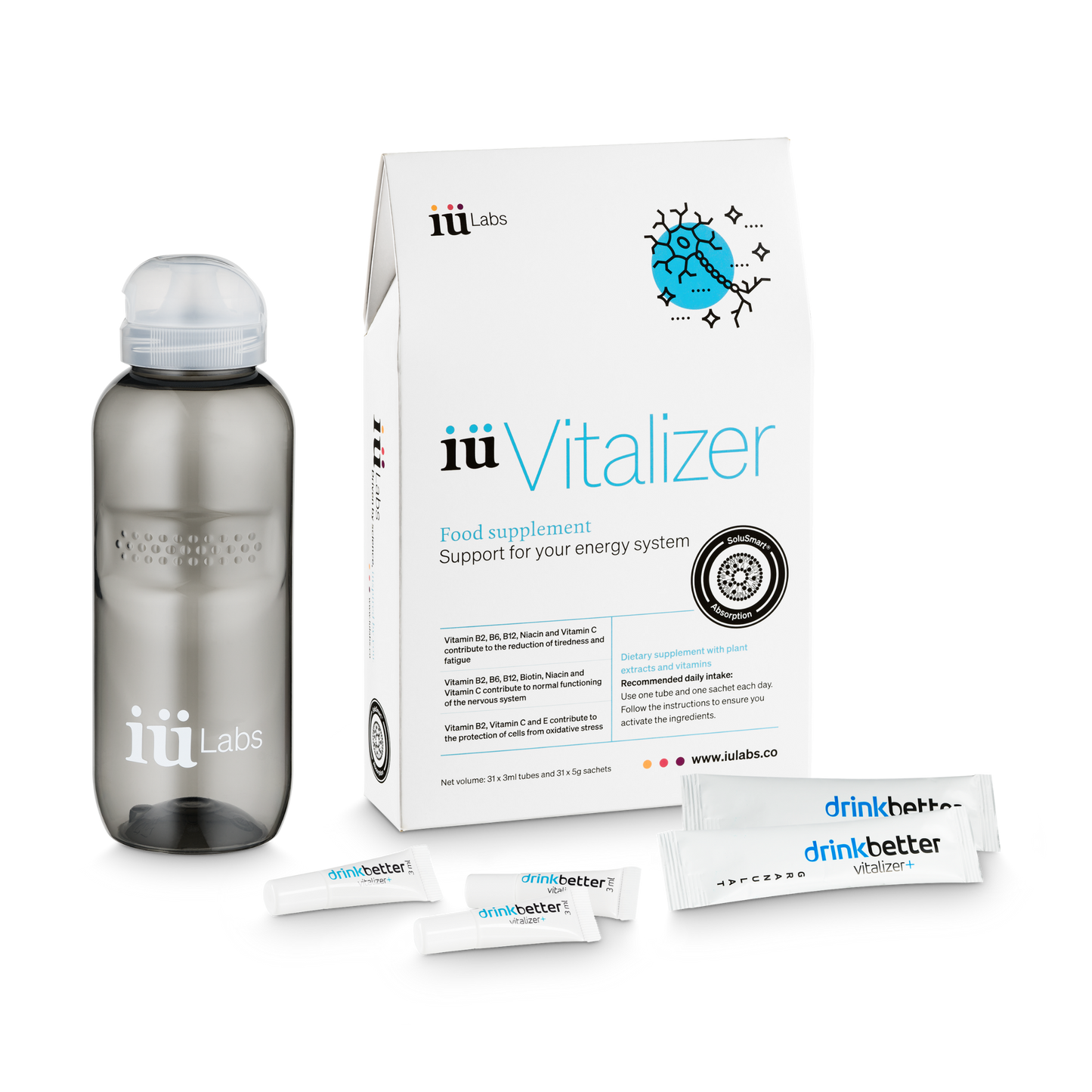  One month pack of iüVitalizer from iüLabs, energy boost supplement, with bottle, tubes and sachets, iuLabs, iuVitalizer